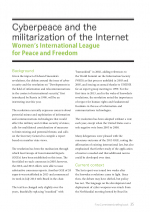 Cyberpeace and the militarization of the Internet in First Committee in Briefing Book