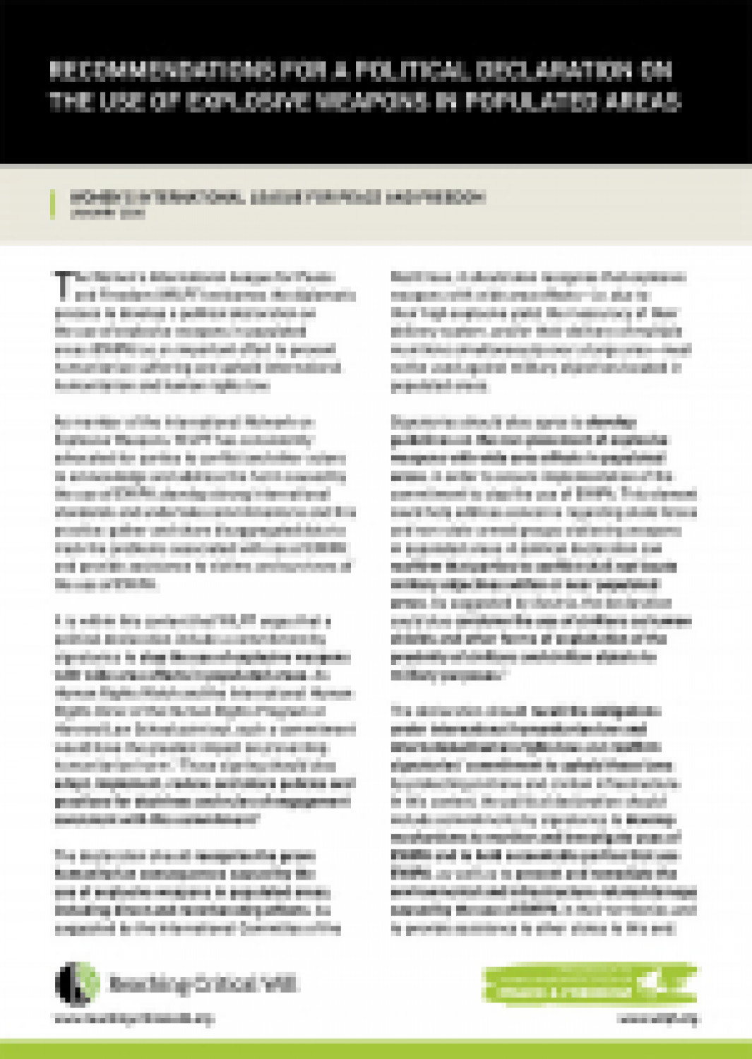 Recommendations for a political declaration on the use of explosive weapons in populated areas